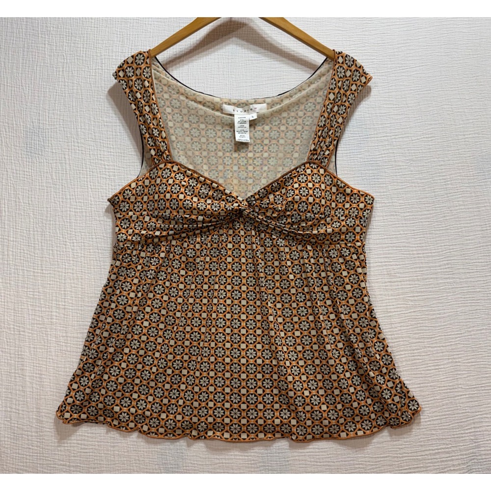 Studio M‎ Mesh Tank Top Women Large Orange Geometric Floral Babydoll Romantic